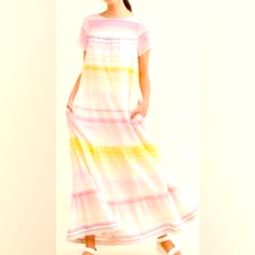 Anthropologie Tiered Short Sleeve Maxi Dress Small Pink Pockets Casual Oversized
